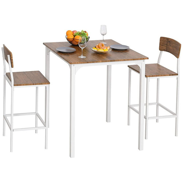 HOMCOM 3 PCs Modern Counter Height Dining Table Set with 2 Matching Stools Foorest Steel Legs White