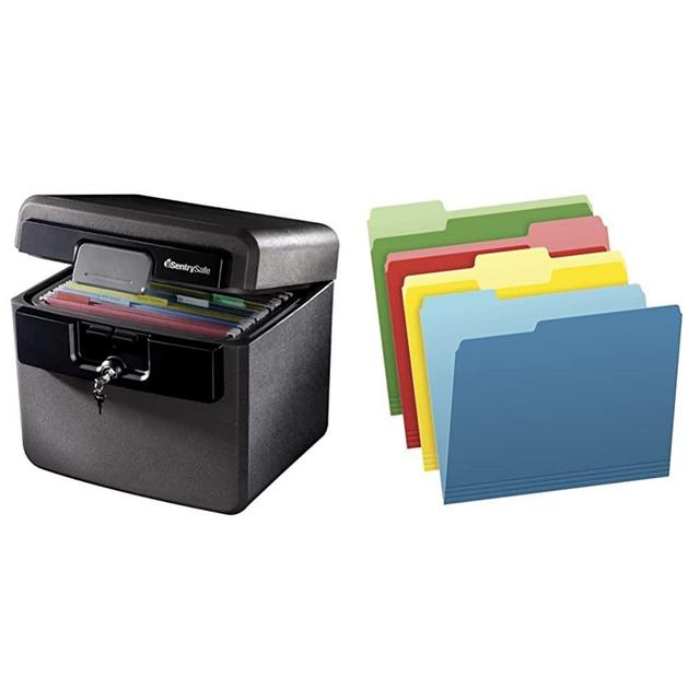 SentrySafe HD4100 Fireproof Safe and Waterproof Safe, black & Pendaflex Two-Tone Color File Folders, Letter Size, Assorted Colors (Bright Green, Yellow, Red, Blue), 36 Pack (03086), 4-color