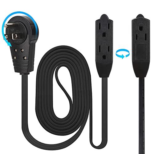 Maximm Cable 10 Ft 360° Rotating Flat Plug Extension Cord / Wire, 16 AWG Multi 3 Outlet Extension Wire, 3 Prong Grounded Wire - Black - UL Listed