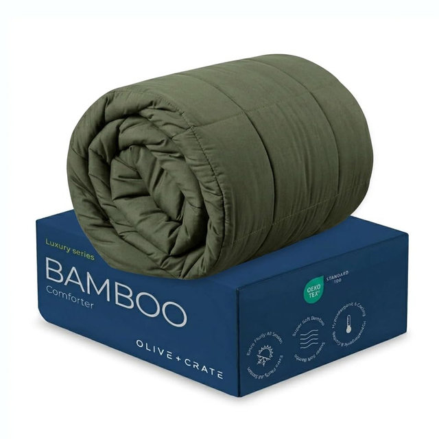 Olive + Crate Cooling Down Alternative Comforter - Hypoallergenic Queen Size Duvet Insert Lightweight - All Seasons Plush Design Bamboo Comforter - 100% Bamboo Viscose Outer Cover - Moss 88"x90"