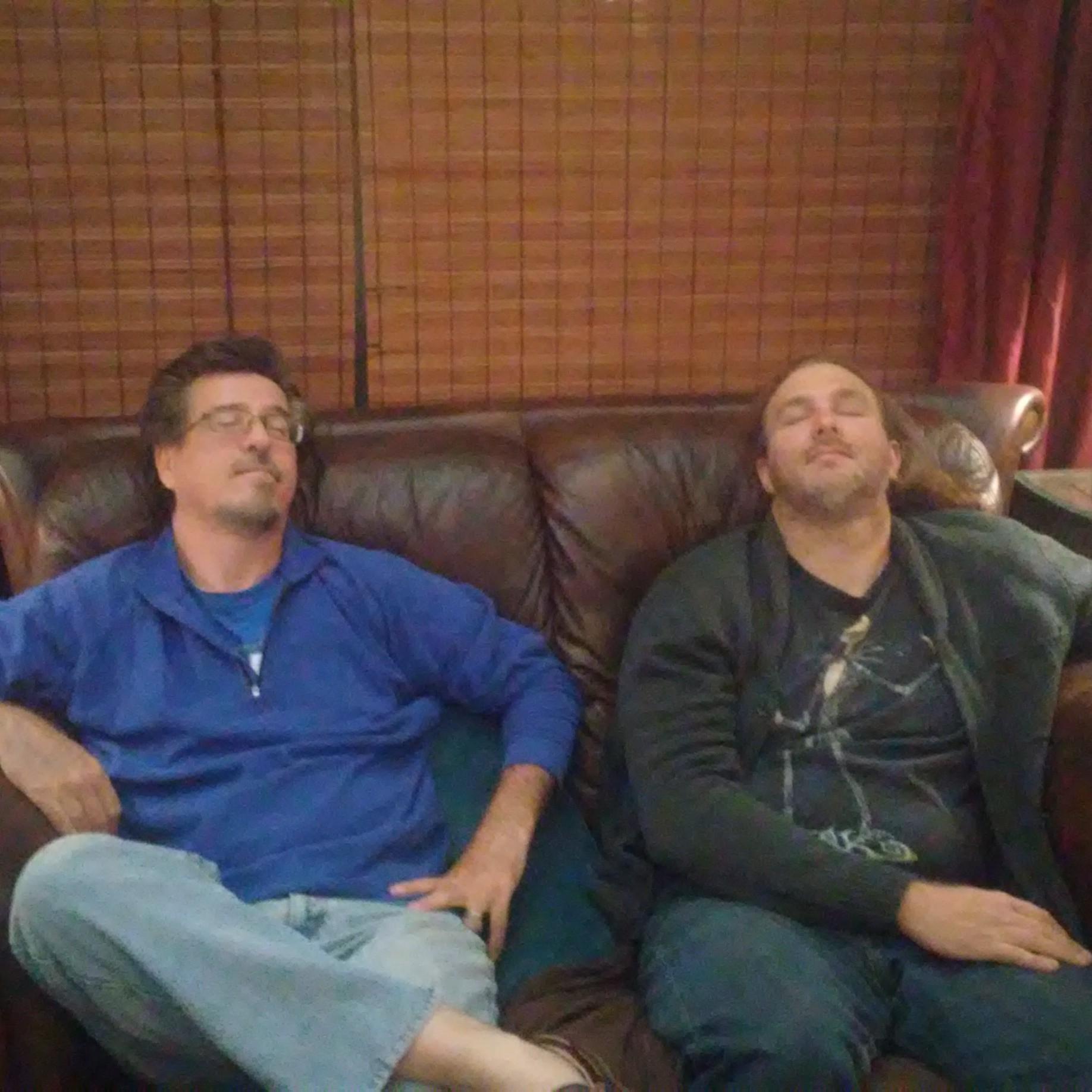 Joe, our officiant, and Chris falling asleep during wedding planning!