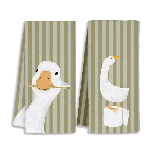STHTTSW Silly Goose Kids Bathroom Decor Towels, Funny Goose Decor for Bathroom, Cute Green Farm Animal Dish Towels Gifts for Washroom Restroom 16x24 Inch Set of 2