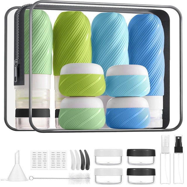 LitBear 23 Pack TSA Approved Travel Bottles for Toiletries, Leak Proof Refillable Travel Size Containers Kit with Silicone Squeezable Bottles Jars for Shampoo Lotion Conditioner, in Clear Bag, Blue