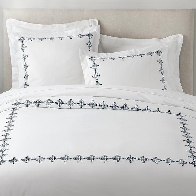 Tile Embroidered Organic Percale Duvet Cover, Full/Queen, Cool Multi