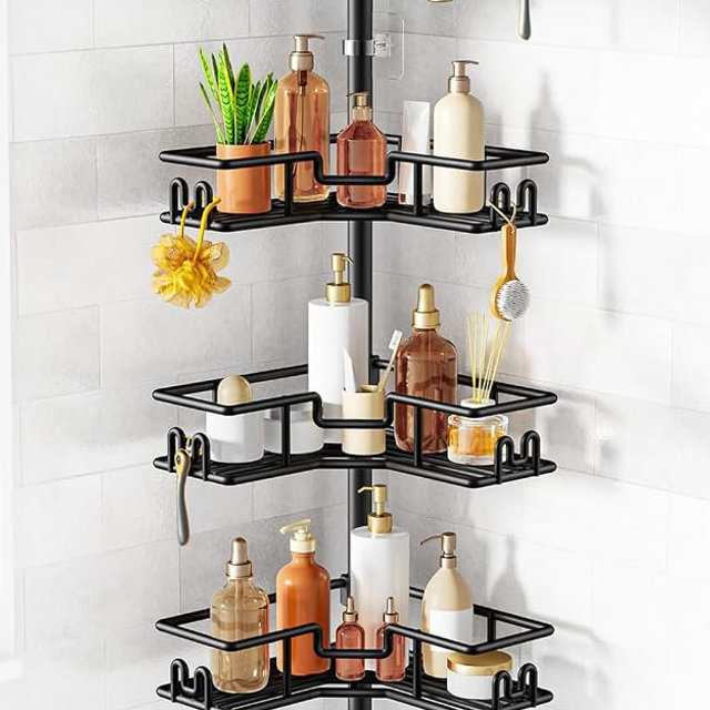 HAMITOR Shower Caddy Tension Pole: 4-Tier Adjustable Corner Bathroom Organizer - Heavy Duty Rustproof L-Shaped Shelves- No Drilling Space-Saving Storage Rack for Family & Renters- 47-123 inch Black