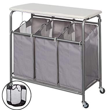 STORAGE MANIAC Laundry Sorter with Ironing Board 3-Section Heavy-Duty Rolling Laundry Cart with Free Laundry Hamper, Grey