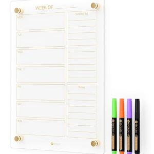 Clear Glass Weekly Dry Erase Calendar & Menu Non-Magnetic Whiteboard for Wall, Meal Plan & Grocery List White Board for Kitchen, 15x11, 7 Days Home Planner, 4 Wet Erase Markers Included, Yeoux