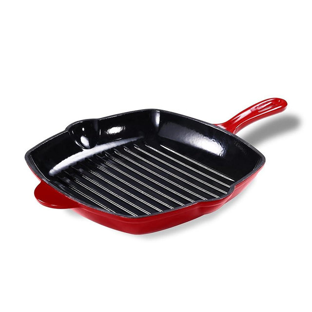 CAROTE Cast Iron Grill Pan Skillet Frying Pan, Oven, Stovetop, Grill, Campfire & Induction Compatible, Durable, Non-Toxic, Even-Heating Cookware, Red, Square, 10"