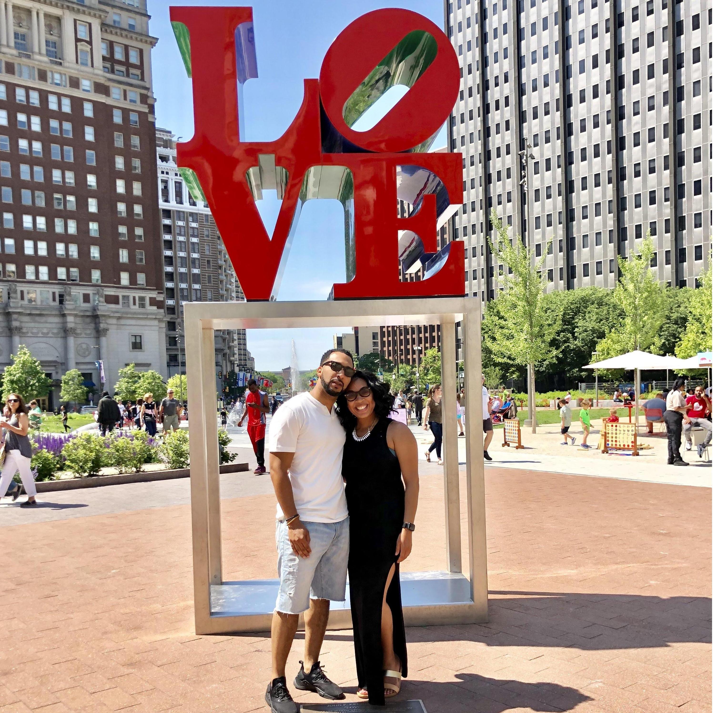 Our first trip together to Aaron's home town of Philadelphia, at "Love Park"