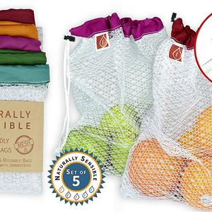 The Original Eco Friendly See Through Washable and Reusable Produce Bags - Soft Premium Lightweight Nylon Mesh Large - 12x14in - Set of 5 (Red, Yellow, Green, Blue, Purple) | By Naturally Sensible