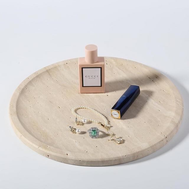 Travertine Tray, 11.8"x0.8" Round Serving Tray for Kitchen and Coffee Table, Bathroom Trays for Counter, Decorative Vanity Trays, Catchall Fruit and Snack, Light Beige