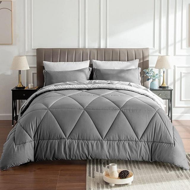BEDELITE King Size Comforter Set 7 Pieces Bed in A Bag - Warm Soft Microfiber Reversible Grey Bed Set with Comforters, Sheets, Pillowcases & Shams, Cozy Luxury Bedding Sets for All Season
