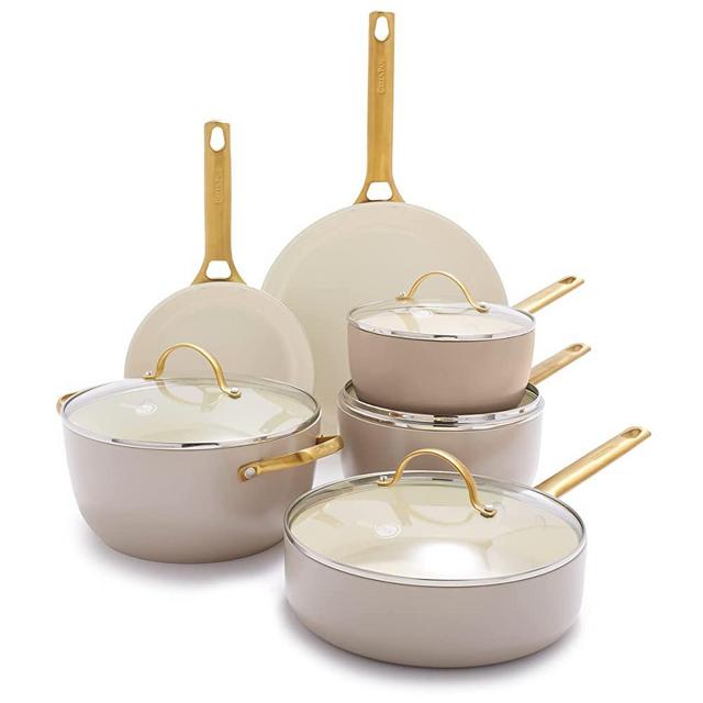 GreenPan Healthy Reserve Ceramic Nonstick Cookware Pots and Pans Set, 10 Piece, Taupe