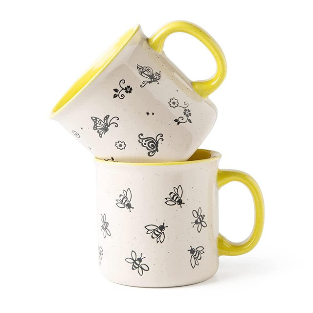 AmorArc 22 OZ Large Ceramic Coffee Mugs Set of 2, Oversized Mugs With Big Handle for Men Women Dad Mom, Big Mug With Textured Bees Butterfly Patterns for Office & Home -Microwave Safe, 2 Pcs