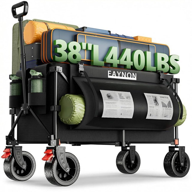 EAYNON 38" L Heavy Duty Collapsible Wagon, 440lbs Load & 220L Capacity Folding Utility Cart with Side Storage Pockets, 15lbs Lightweight Rolling Hauler for Sports, Grocery, Beach Black
