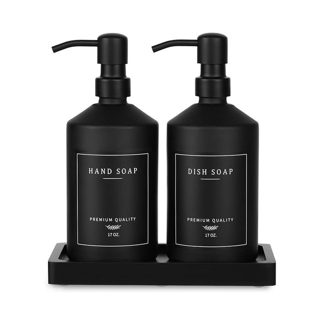 Matte Black Soap Dispenser Set, 17 OZ Hand and Dish Soap Dispenser Set, Bathroom Refillable Soap and Lotion Dispenser Set with Stainless Pump, Modern Liquid Soap Bottle Set(Black Bottle/Black Pump)