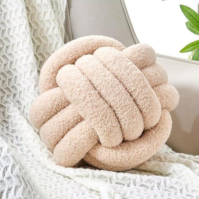 Uvvyui Knot Pillow Ball, Soft Home Decorative Pillows, Round Throw Pillow, Handmade Knotted Plush Pillow, Round Boucle Pillow Cushion (14 Inches Beige)