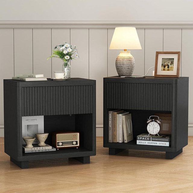 Seeday 24" Wide Night Stands for Bedrooms Set of 2 with Charging Station, Wood Fluted Nightstand Set of 2 with Drawer and Outlet, 2pcs Bedside Table for Bedroom