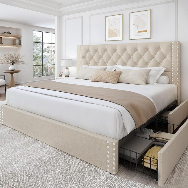 LARMACE King Size Platform Bed Frame with 4 Storage Drawers and Headboard Linen Upholstered Bed Frame Tufted Beds with Wood Slats Support, No Box Spring Required, Noise-Free, Beige