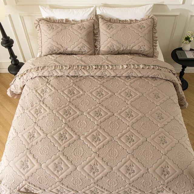 BOV Gray King-Size Ruffle Comforter Set - 3-Piece Bedding Set with Pillow Shams - 106x96 Inches - Elegant Shabby Chic Comforter for French Country & Farmhouse Style