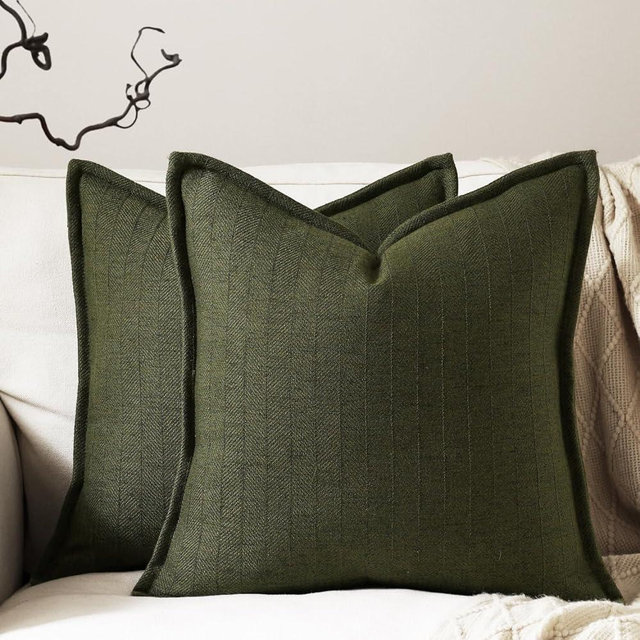 DEZENE 20x20 Linen Pillow Covers Olive Green Pack of 2 Farmhouse Boho Neutral Accents Striped Textured Square Decorative Throw Pillow Cases for Living Room Couch Bed Home Decor