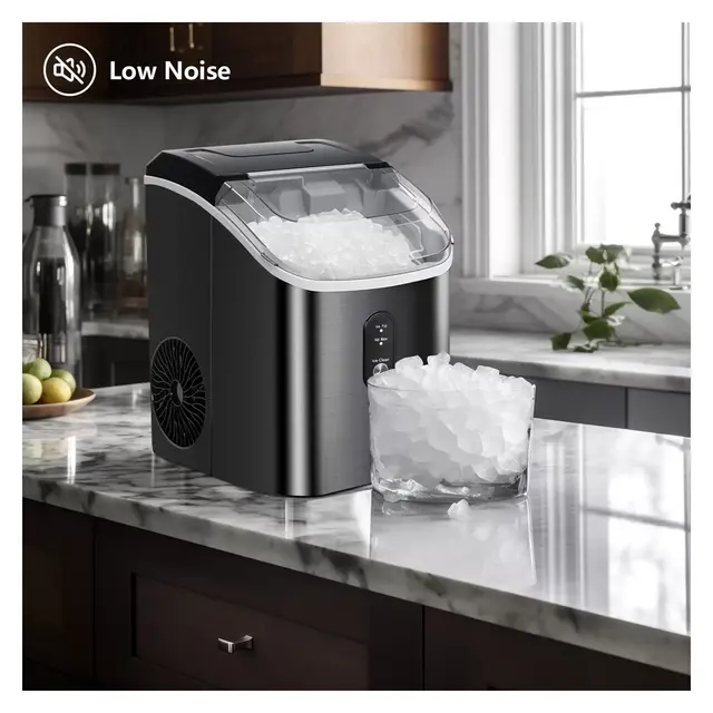 R.W.FLAME Nugget Countertop Ice Maker with Soft Chewable Pellet Ice, Self-Cleaning, Sonic Ice, One-Click Operation, Stainless Steel Black