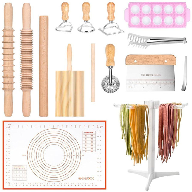 Pasta Making Tools, 15 PCS Pasta Making Kit with Pasta Drying Rack, Rolling Pins for Baking, Dough Cutter, Pasta Roller, Gnocchi Board, Dough Mat, Ravioli Pasta Cutter Set for Pasta Maker. (15)