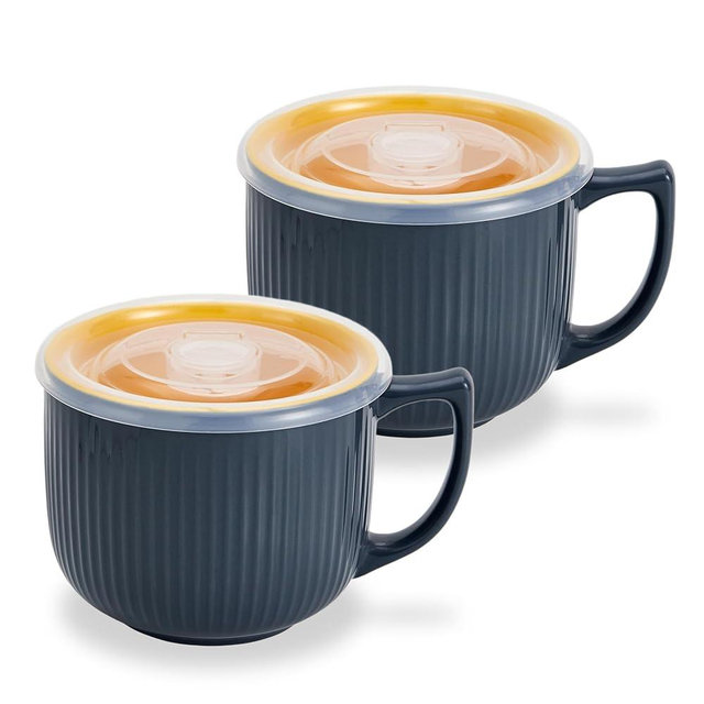 Hoilse Ceramic Soup Bowls with Handle and Vented Lid, 32oz Large Wide Soup Mugs with handles, Soup Cups for Ramen, Pastas, Salads, Cereals, Microwave and Dishwasher Safe- set of 2 (Gray)