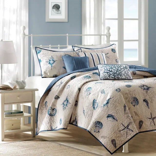 6pc Full/Queen Rockaway Reversible Quilted Coverlet Set Blue - Madison Park: Nautical Microfiber Comfort