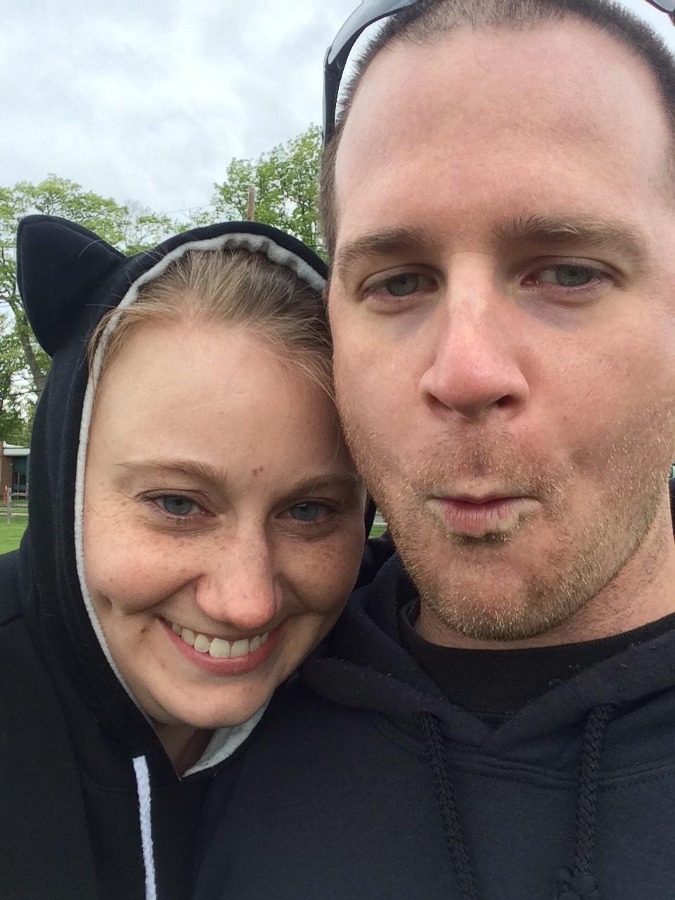 On the sidelines at one of Danielle's sister Gillian's soccer games in the spring of 2017, Danielle enjoyed embarrassing Brian by wearing her cat hoodie, complete with cat ears and pouch for Luna.