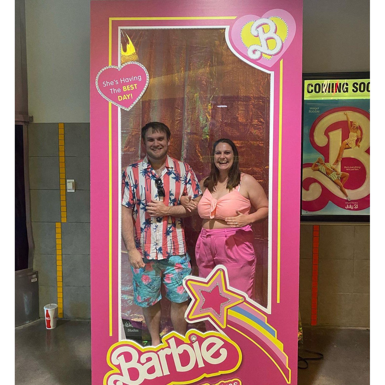 Our trip to the Barbie Movie. When we went to dinner before, the server told Rob, "Good luck, bro."