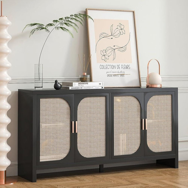 Lisicues Rattan Sideboard Buffet with Storage, Accent Cabinet Console Table with 4 Rattan Doors and Adjustable Shelf, Dining Room (Black, 59.1'')