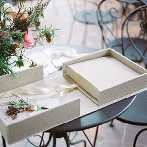 9 x 9" Personalised engraved wedding album with matching storage box bound in 'oatmeal' linen