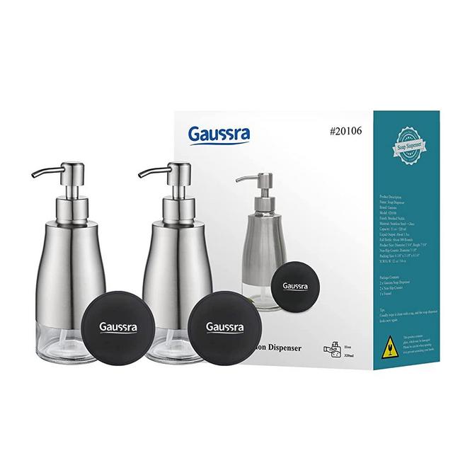 Gaussra 2 Pack Soap Dispenser with Non-Slip Coaster and Funnel，Stainless Steel Case Glass Liner Hand Pump Dispenser，Refillable Liquid Hand Soap Dispenser for Bathroom & Kitchen - Brushed Nickel