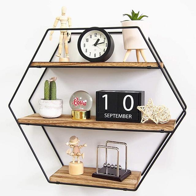 TFer Hexagon Floating Shelves Wall Mounted Shelves Solid Wood Metal Bracket Rustic Wall Shelf for Living Room Bedroom Bathroom Kitchen Office Hanging Shelf