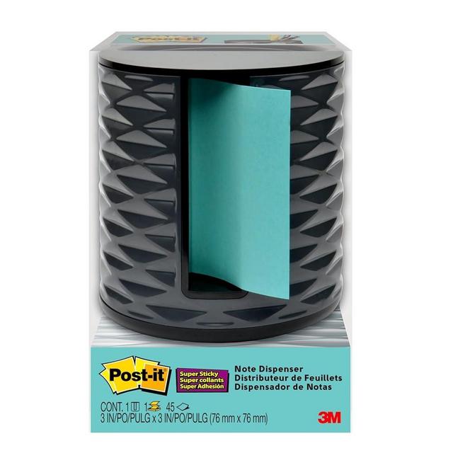 Post-it Note Dispenser with Post-it Dispenser Pop-up Notes, Black and Grey Cylinder Design, 3 in. x 3 in., 1 Aqua Splash Super Sticky Note Pad, Classroom or Oﬃce Supplies