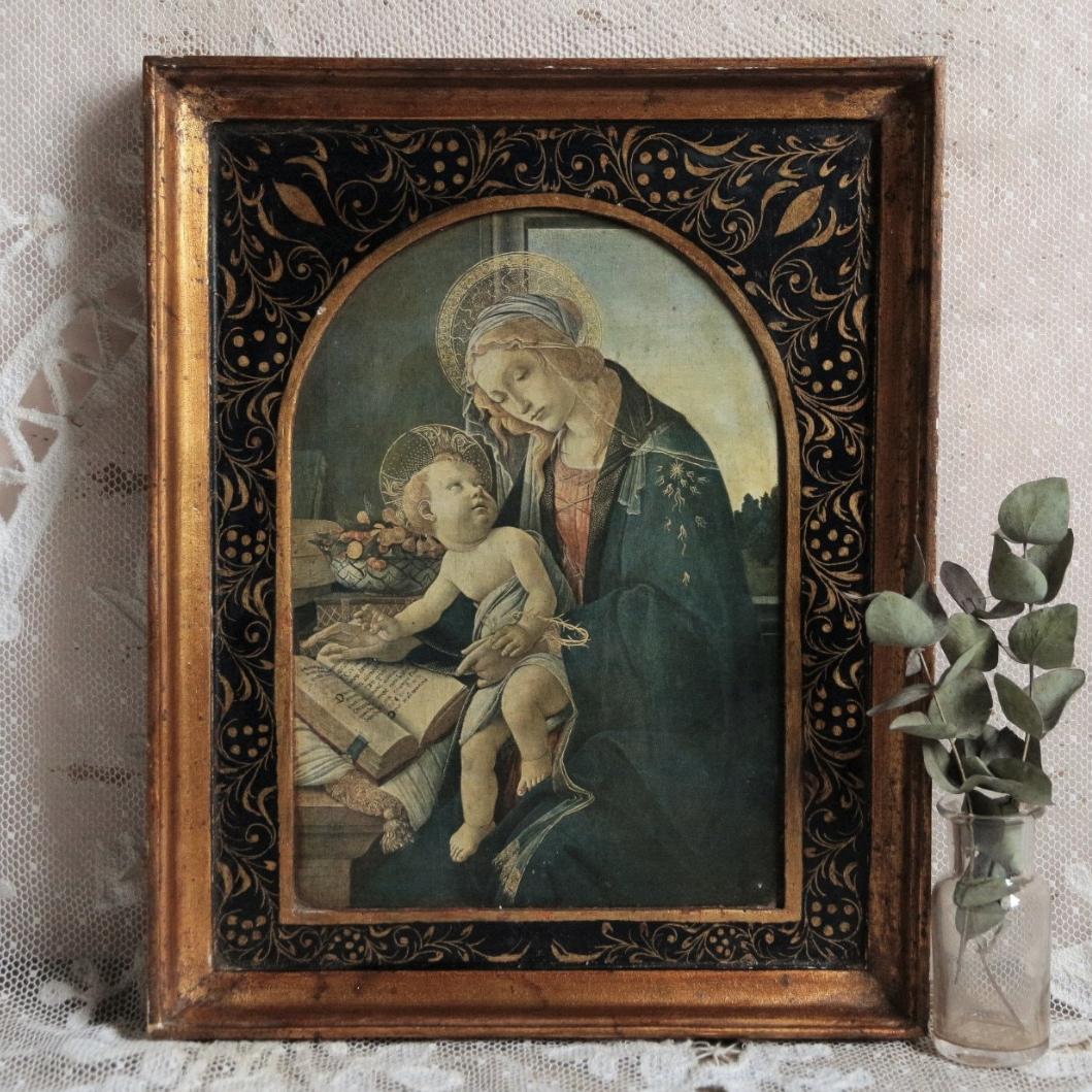 Vintage Florentine gilded wood Madonna. Virgin Mary baby Jesus. Botticelli. Reliquary. Italian Renaissance. Shabby cottage. Christian decor