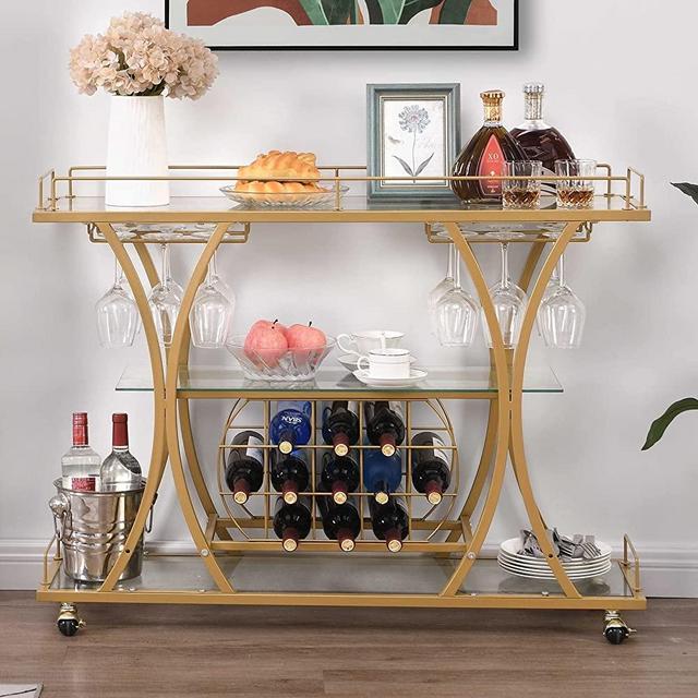 HOMYSHOPY Bar Serving Cart with Glass Holder and Wine Rack, 3-Tier Kitchen Trolley with Tempered Glass Shelves and Gold-Finished Metal Frame, Mobile Wine Cart for Home (Gold)