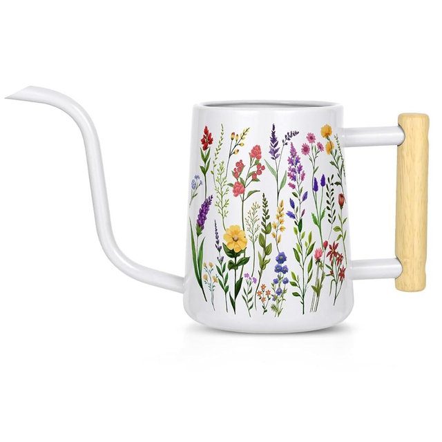 Watering Can Indoor Plants, 35 oz/1000 ml Metal Stainless Steel Watering Can Pot with Long Spout for Indoor House Plants Bonsai Outdoor Garden Flower Decorative White Flowers