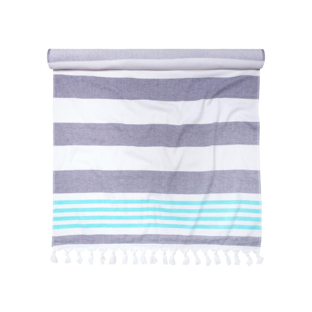 Cotton Oversized Striped Fouta Beach Towel with Tassels, Dusky Blue - Blue Nile Mills