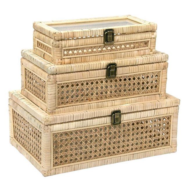 BOY MCOWBOY Set of 3 Rattan Decorative Boxes with Glass Lids, Rectangular Boho Natural Woven Cane Home Decor Organizers, Display Boxes for Rustic Farmhouse Decor