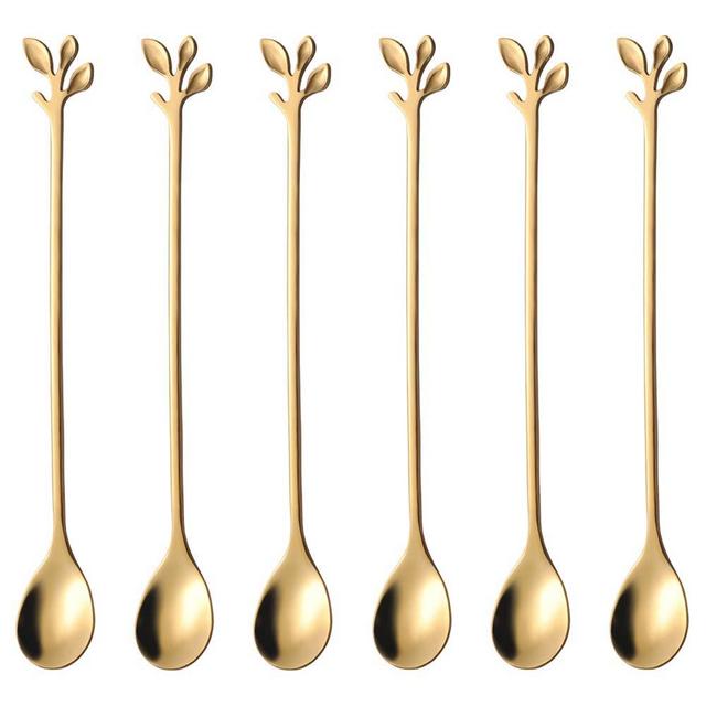 Coffee Spoon set, AnSaw 6 Pcs 6.5" teaspoons, Creative Gold Leaf Dessert Spoons, Premium Food Grade Stainless Steel, Mirror Finish Dishwasher Safe (6, Gold)