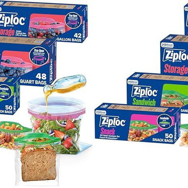 Ziploc Brand Storage-Bags Variety Pack, 42ct- Gallon and 48ct-Storage Quart with Stay Open Design, 50ct-Sandwich and 50ct-Snack with Grip N Seal Technology (Packaging May Vary), (Pack of 2)