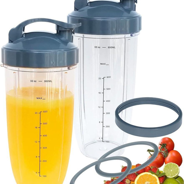 [UPGRADE] 2-pack 32oz Replacement NutriBullet Blender Cups with Flip-Top To-Go-Lid and Rubber Gaskets Compatible with 600w/900w Blender