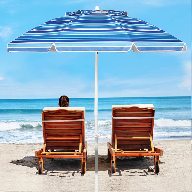 Aoxun Beach Umbrella with Tilt Pole, Portable Sand Anchor and Carry Bag, UPF 50+ Sun Shelter Air Vents Design for Outdoor (Navy Blue & White), 7ft
