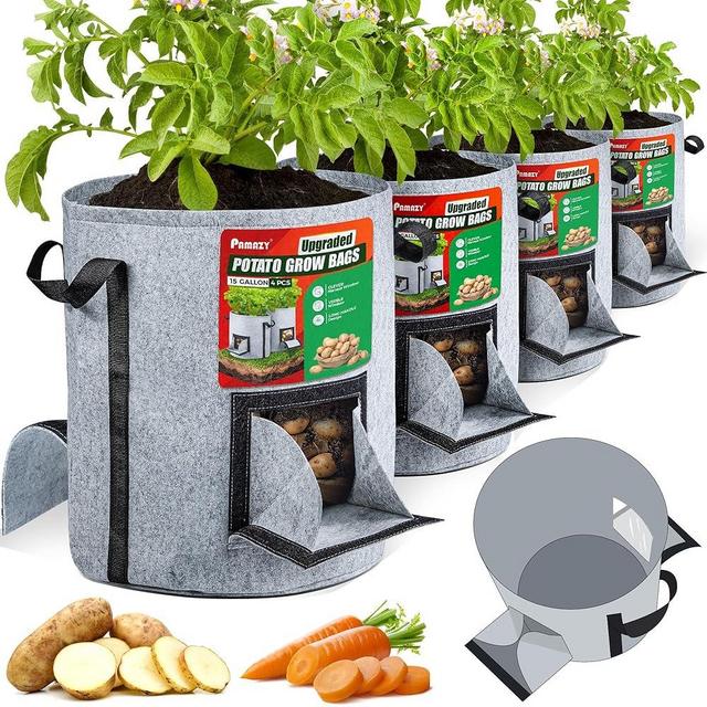 [Upgraded] 4Pcs 15-Gallon Potato Grow Bags with Unique Harvest Window, Visible Window, Garden Planting Bag with Reinforced Handle, Nonwoven Fabric Pots for Tomato, Potato Growing Container - Grey