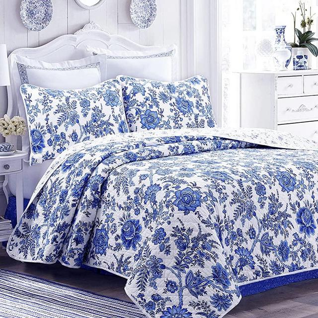 Cozy Line Home Fashions Royal Floral Garden 100% Cotton Reversible Quilt Bedding Set, Coverlet, Bedspread (Blue and White Porcelain, King - 3 Piece)