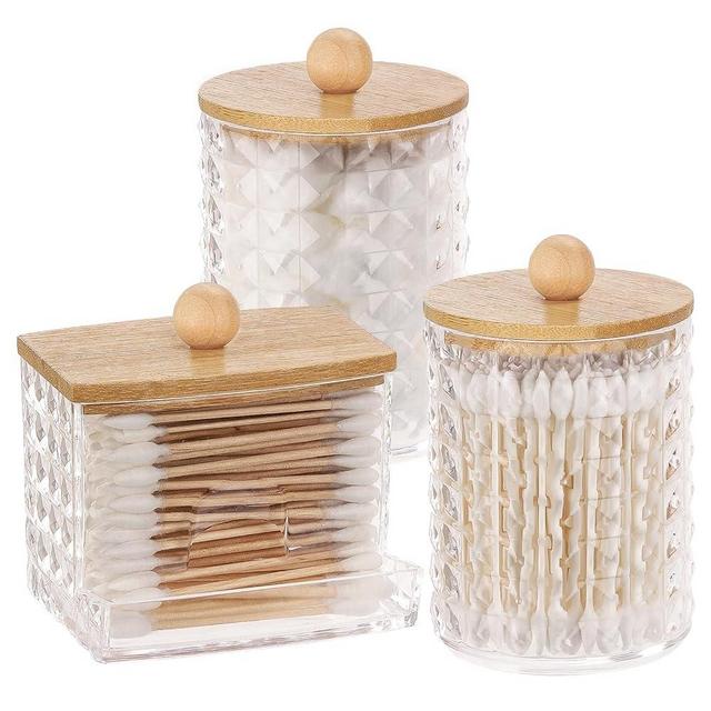 Tbestmax 3 Pack Qtips Holder Bathroom Container, 10/7 oz Cotton Ball/Swabs Dispenser, Apothecary Jar with Bamboo Lids for Bathroom Storage Organizer