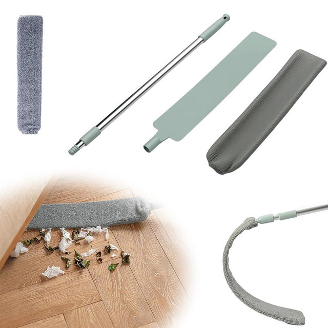 Retractable Gap Dust Cleaner with Reusable Dusting Cloths, Bendable Flexible Duster with Extension Pole, Wet & Dry Sweeper Stick Dusters for Gap Cleaning Under Furniture (Green+Replacement Cloth*1)
