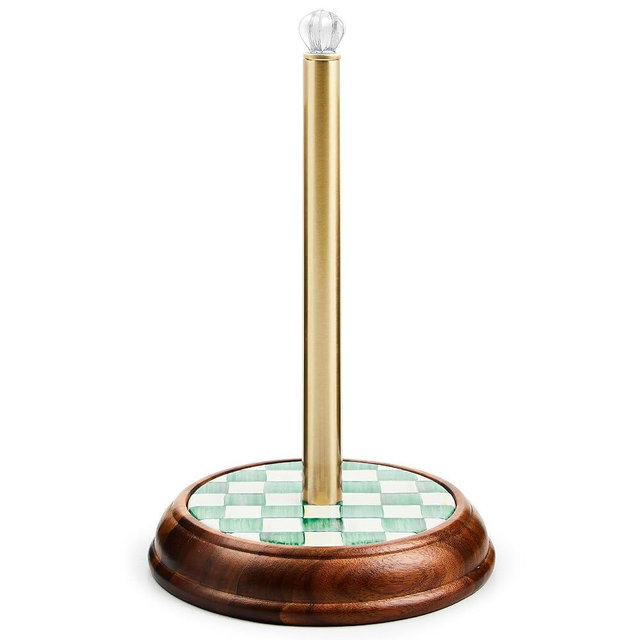 MACKENZIE-CHILDS Wood Paper Towel Holder, Decorative Paper Towel Holder for Kitchen, Green-and-White Emerald Check